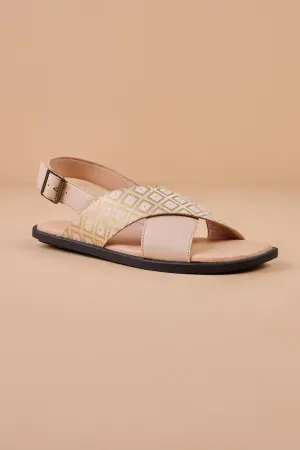 Beige Slingback Sandals With Brocade Detailing
