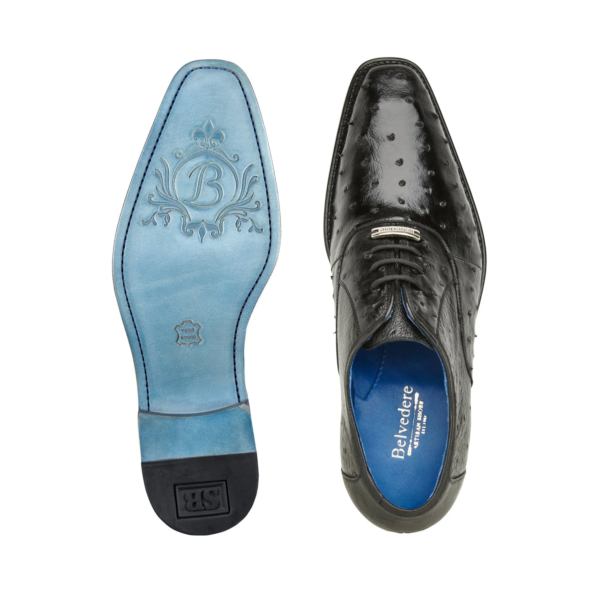 Belvedere Orlando D01 Men's Shoes Black Genuine Ostrich Formal Oxfords (BV3136)