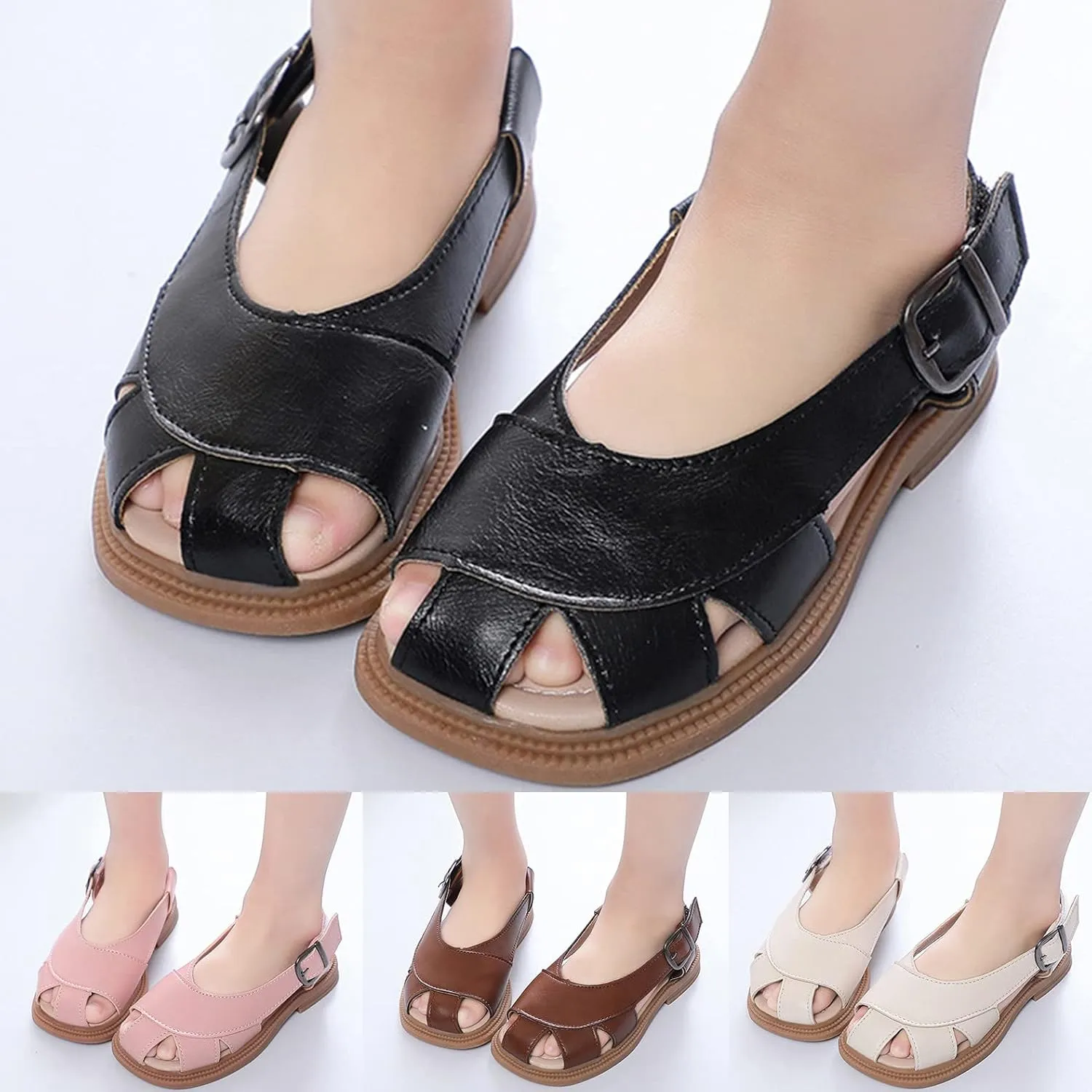 Boys Girls Leather Soft Closed Toe Sandals Lightweight Hollow Outdoor Beach Sport Water Shoes Kids Summer Sandals