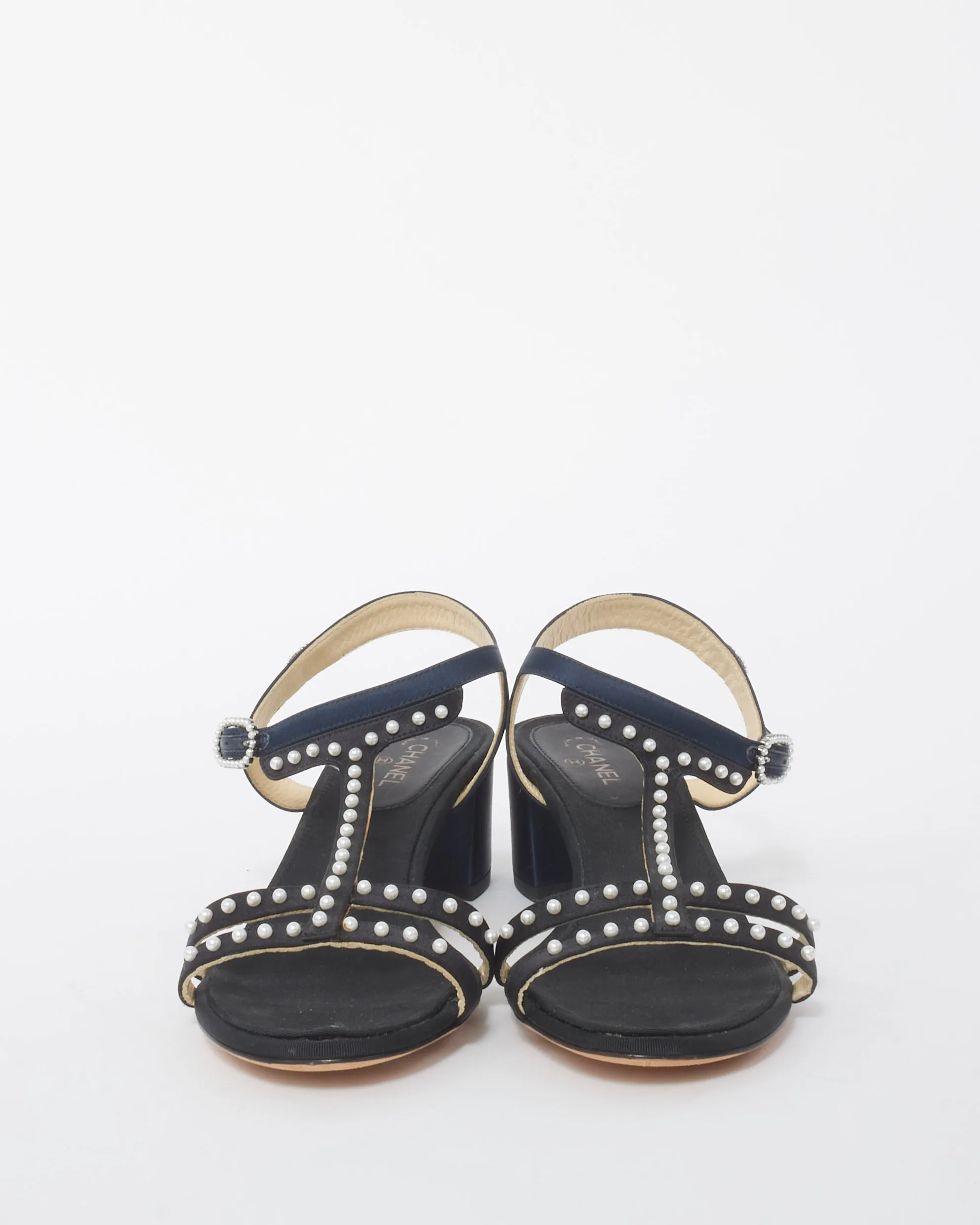 Chanel Navy and Black Satin and Pearl Embellished Block Heel Sandals - 38.5