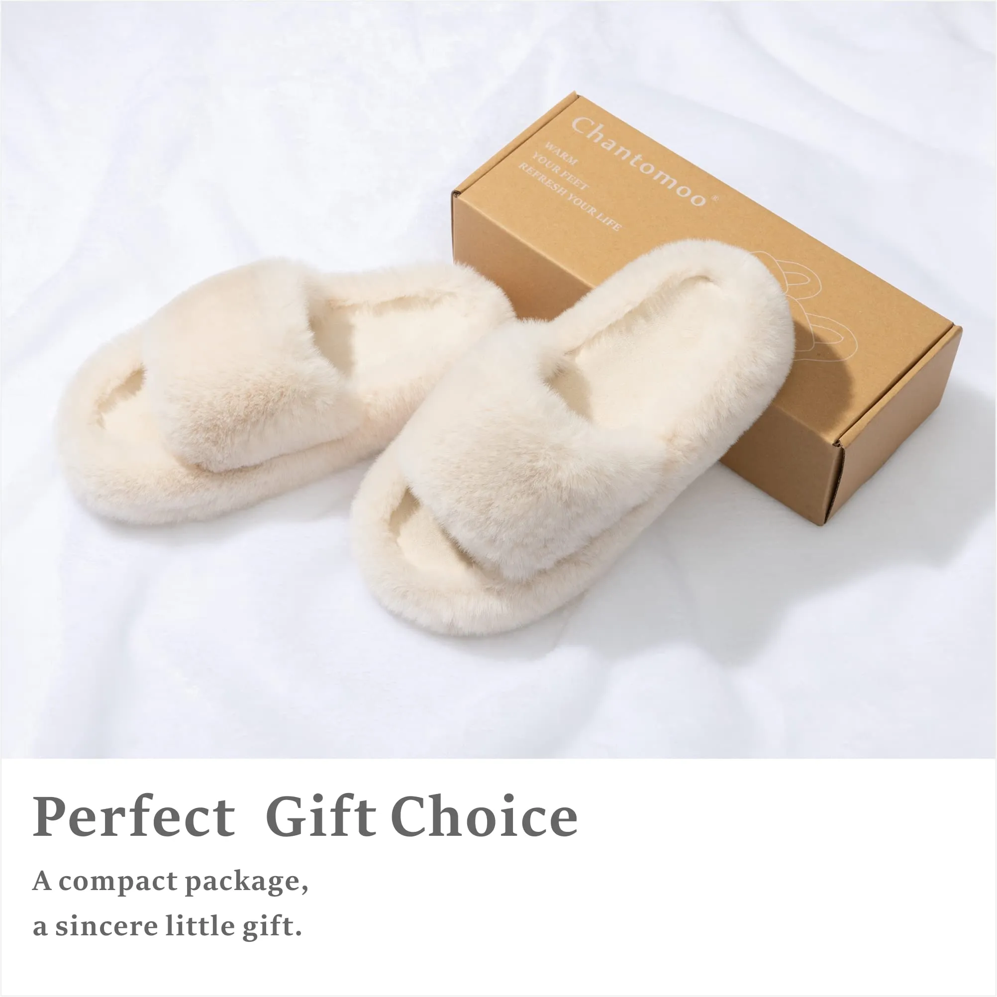 Chantomoo Women's Slippers Memory Foam House Bedroom Slippers for Women Fuzzy Plush  Sole Trendy Gift Slippers Beige Size7 8 6.5
