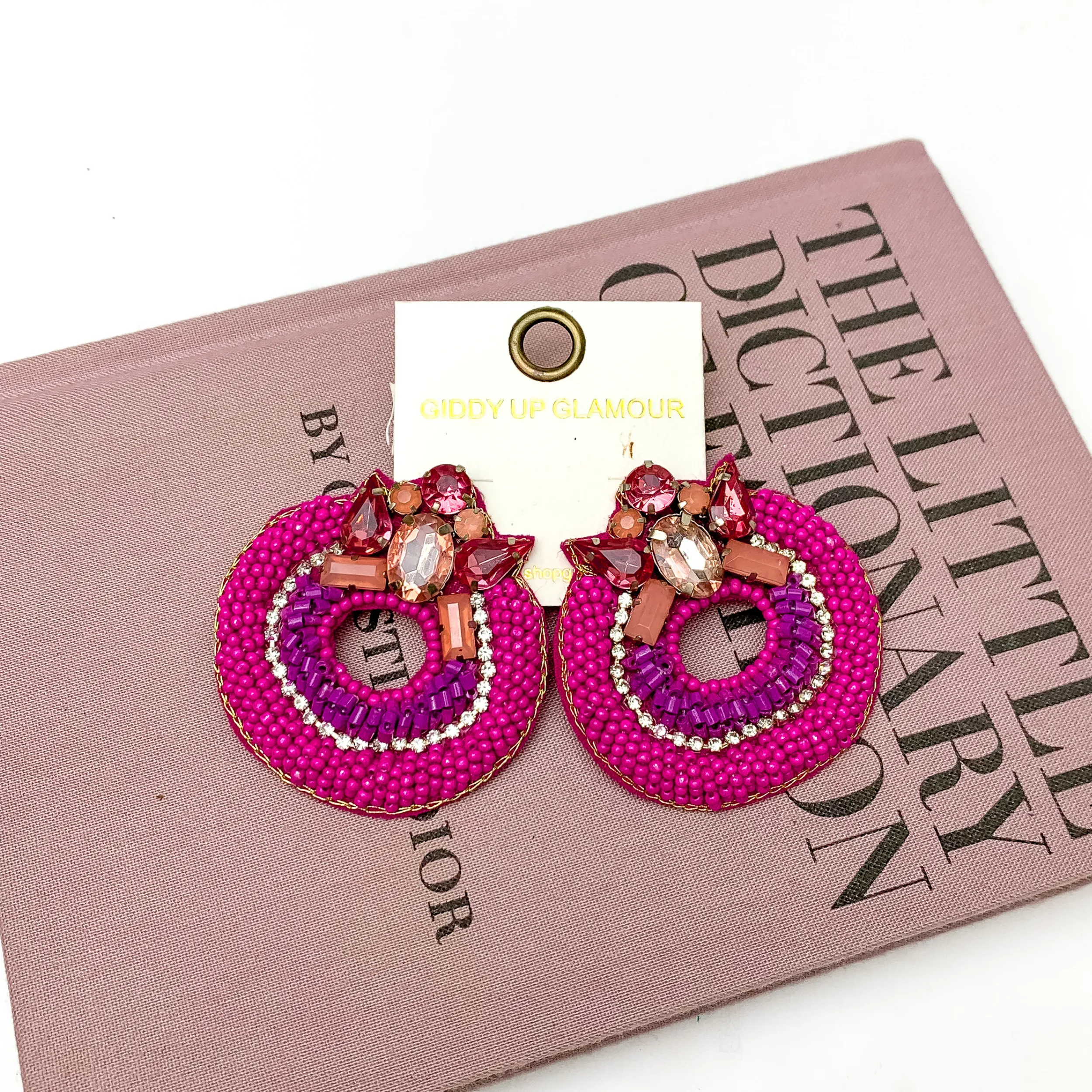Circle Beaded Post Earrings with Jeweled Detailing in Pink