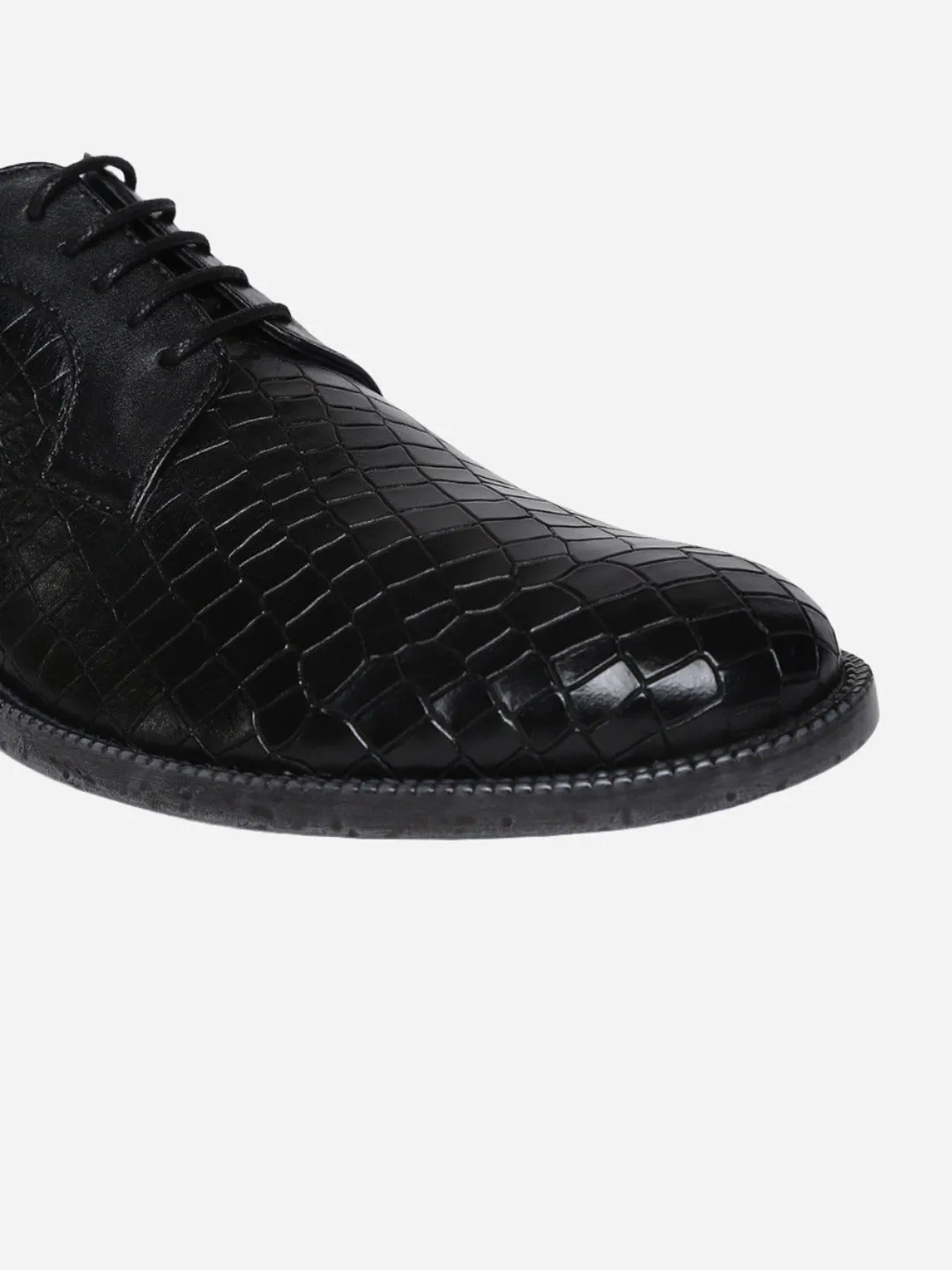 Masabih Genuine Leather Black Printed Casual Derby Laceup Shoes For Men