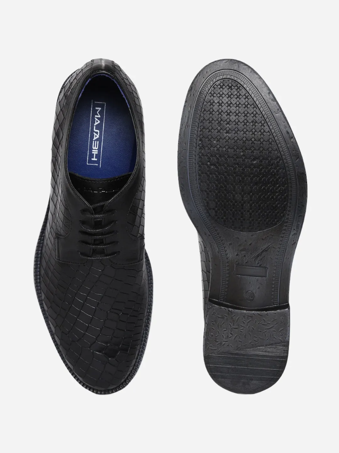 Masabih Genuine Leather Black Printed Casual Derby Laceup Shoes For Men