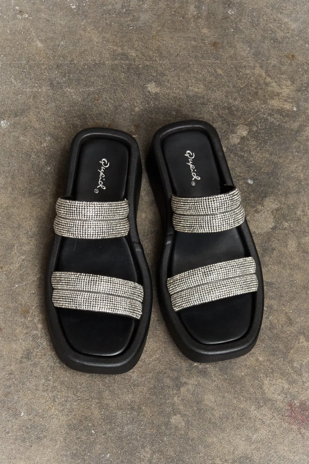 Qupid Platform Wedge Faux Rhinestone Thick Chunky Sole Slide On Slip In Sandals in Black