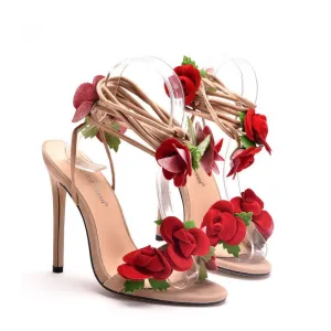 Rose Petal Cutout Lace-Up Peep-Toe High Heel Sandals