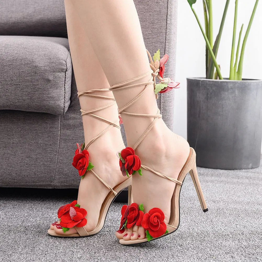 Rose Petal Cutout Lace-Up Peep-Toe High Heel Sandals