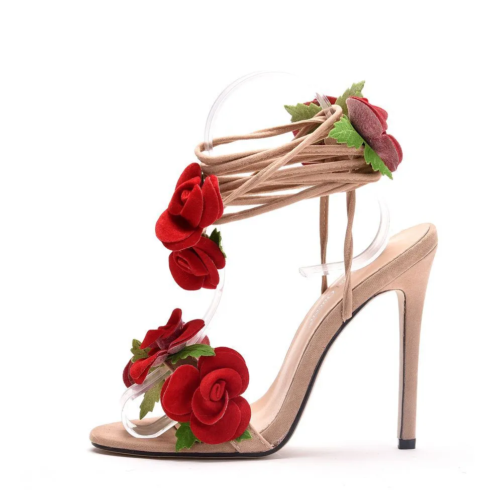 Rose Petal Cutout Lace-Up Peep-Toe High Heel Sandals