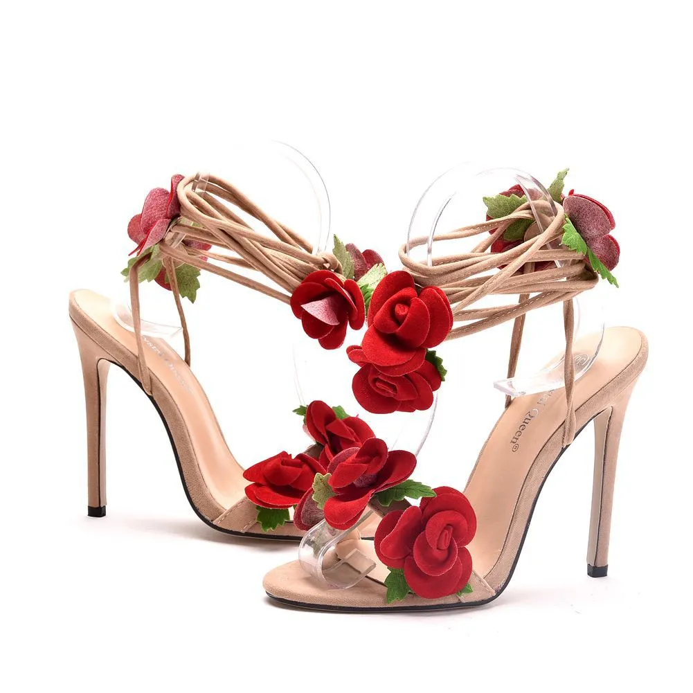 Rose Petal Cutout Lace-Up Peep-Toe High Heel Sandals