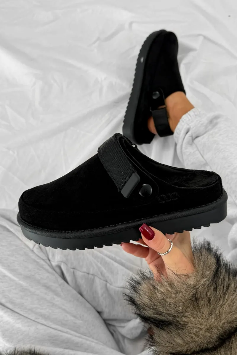 ROSE Suede Ankle Strap Outdoor Slippers - Black