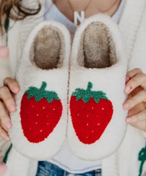 Strawberry Fuzzy Slippers - White