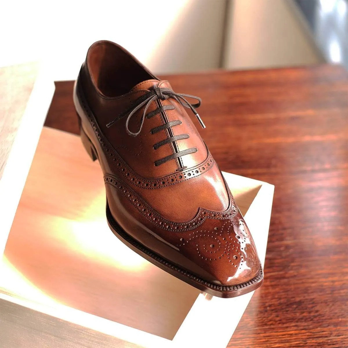 Tan Leather Cedria Brogue Wingtip Oxfords - Formal Shoes