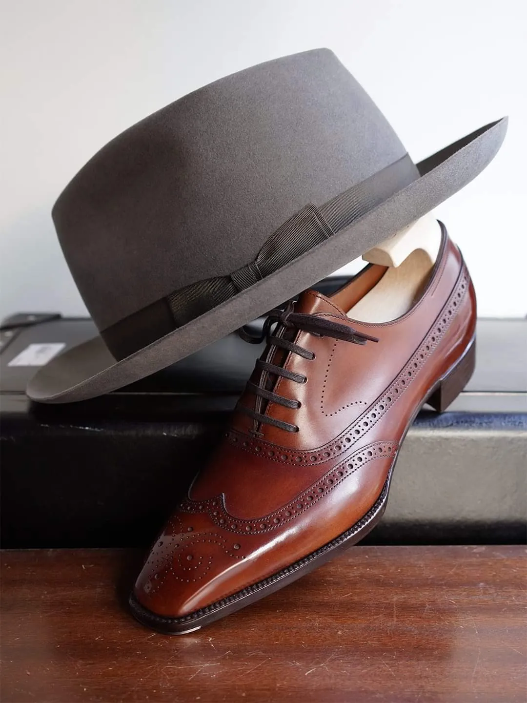 Tan Leather Cedria Brogue Wingtip Oxfords - Formal Shoes