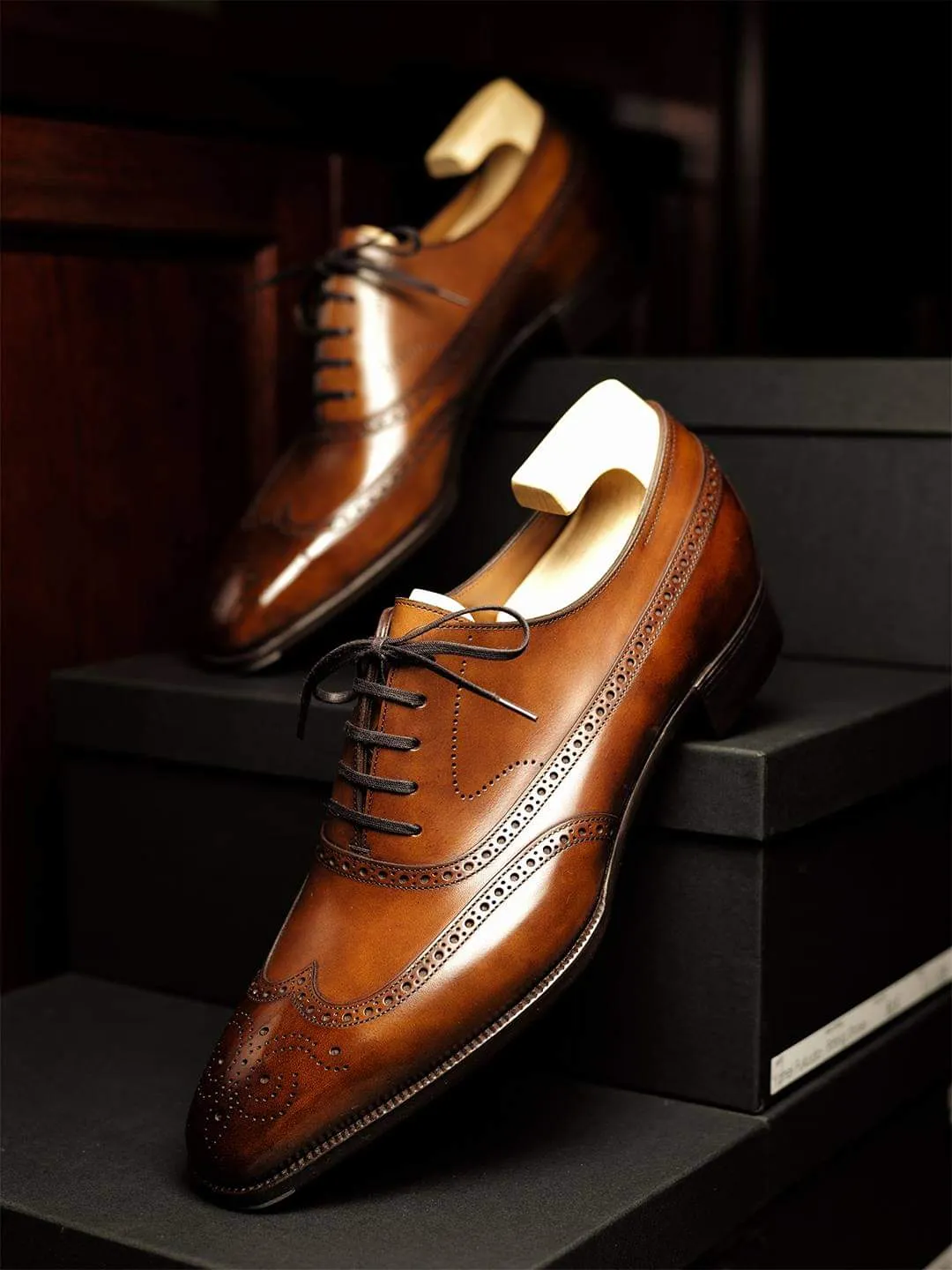 Tan Leather Cedria Brogue Wingtip Oxfords - Formal Shoes