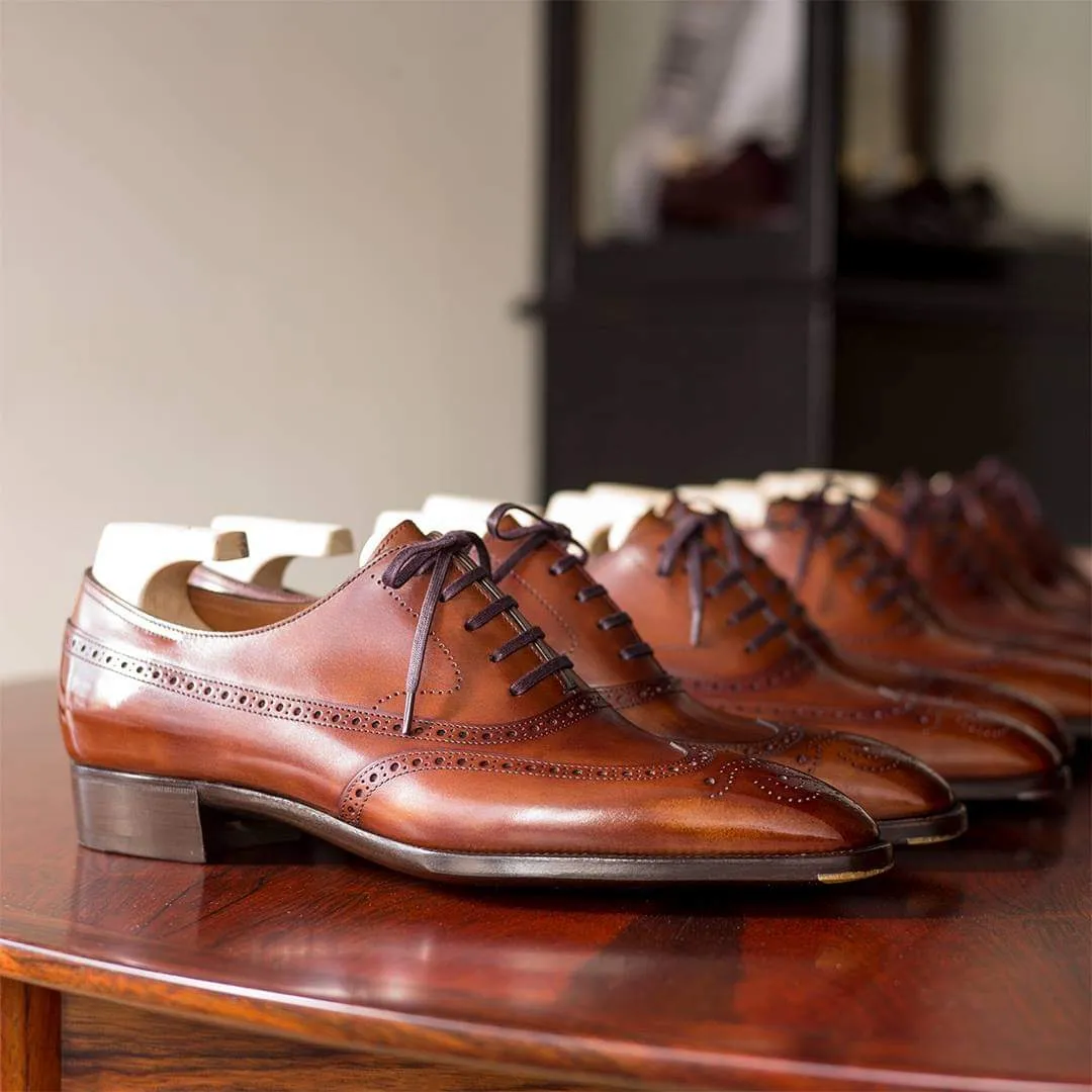 Tan Leather Cedria Brogue Wingtip Oxfords - Formal Shoes
