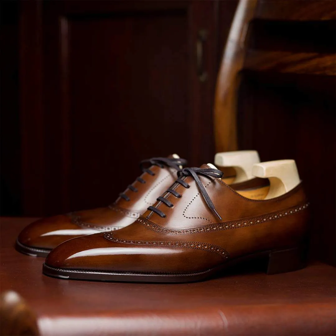Tan Leather Cedria Brogue Wingtip Oxfords - Formal Shoes