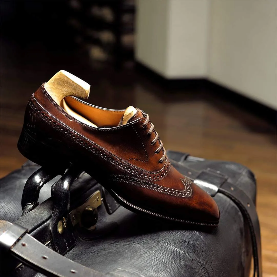Tan Leather Cedria Brogue Wingtip Oxfords - Formal Shoes