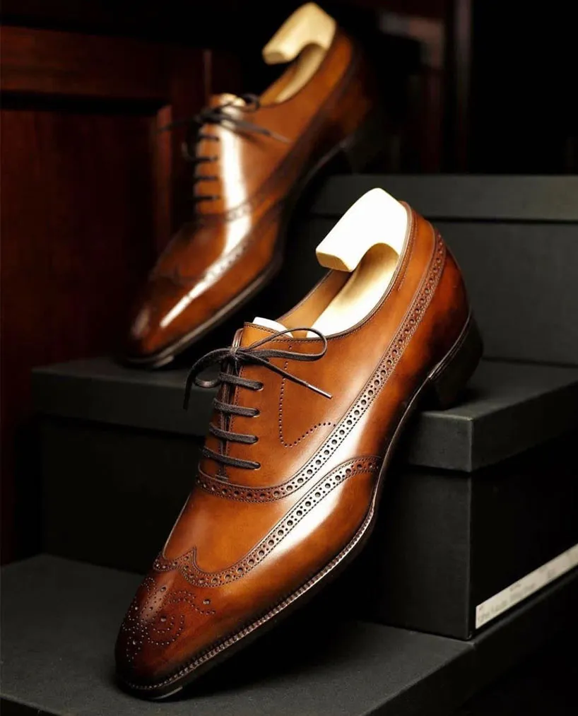 Tan Leather Cedria Brogue Wingtip Oxfords - Formal Shoes