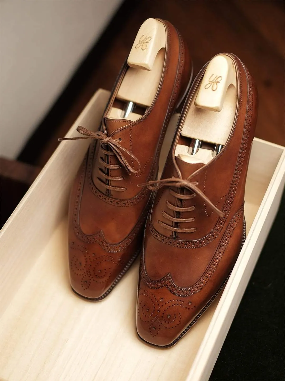 Tan Leather Cedria Brogue Wingtip Oxfords - Formal Shoes