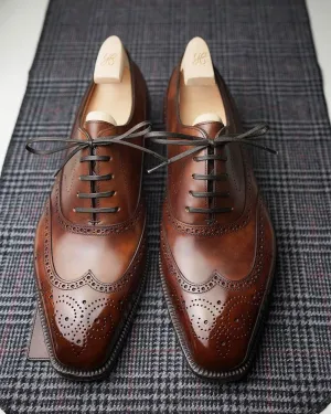 Tan Leather Cedria Brogue Wingtip Oxfords - Formal Shoes