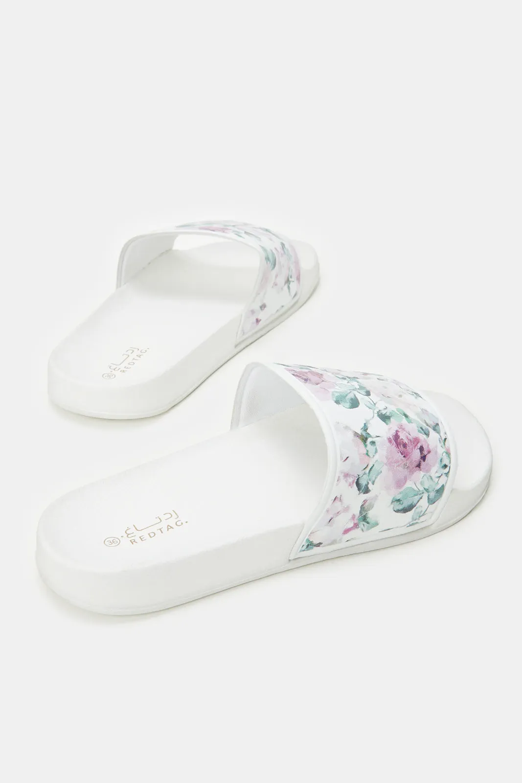 Women White Floral Slide