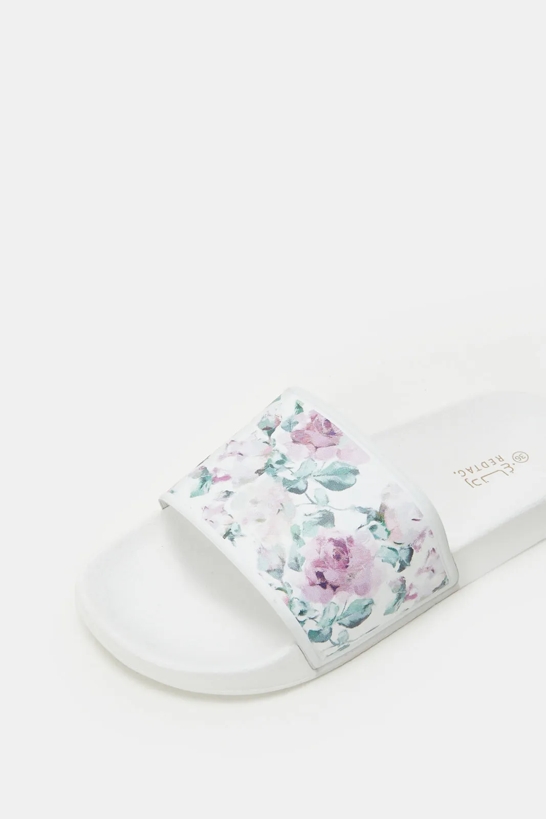 Women White Floral Slide