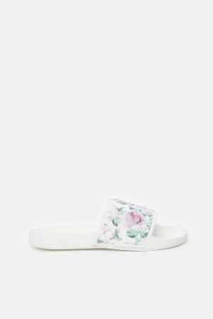 Women White Floral Slide