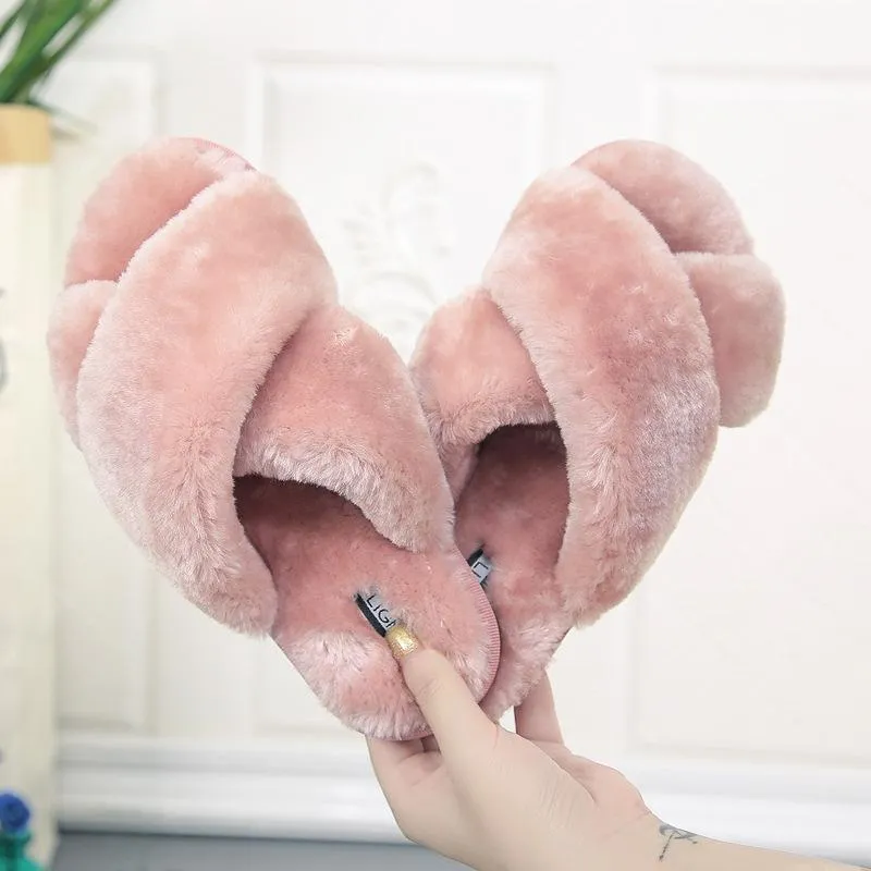 Women's fashion criss cross furry slippers winter warm house shoes solid color