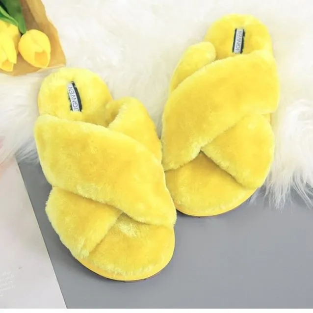 Women's fashion criss cross furry slippers winter warm house shoes solid color