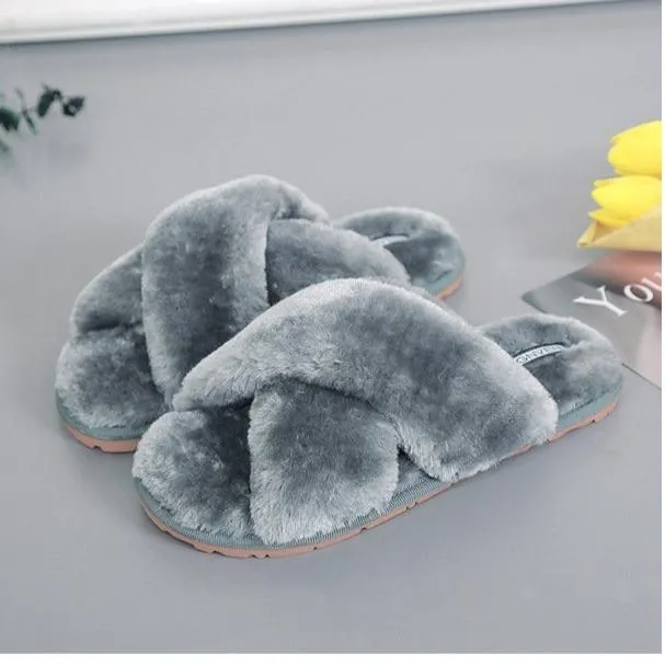 Women's fashion criss cross furry slippers winter warm house shoes solid color
