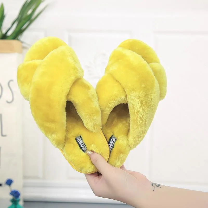 Women's fashion criss cross furry slippers winter warm house shoes solid color