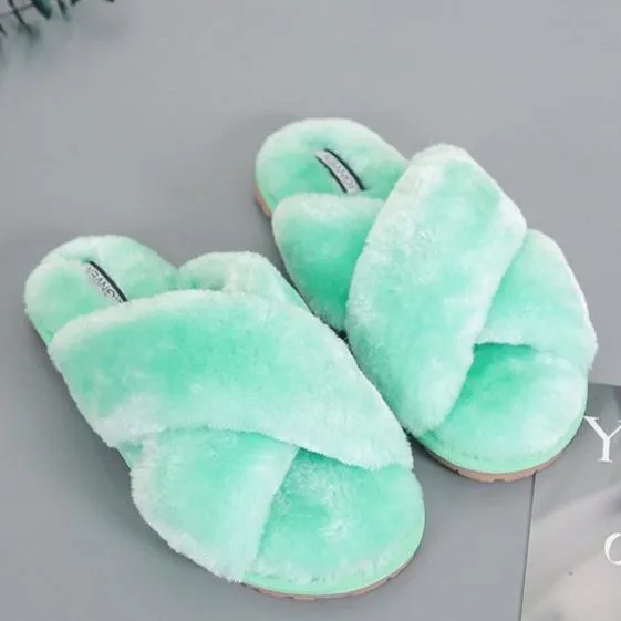 Women's fashion criss cross furry slippers winter warm house shoes solid color