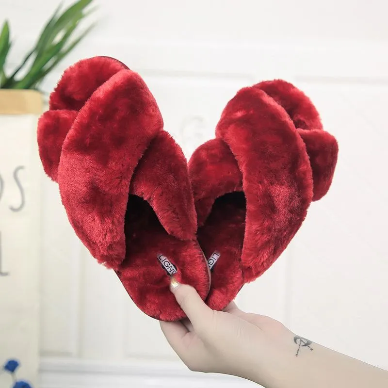 Women's fashion criss cross furry slippers winter warm house shoes solid color