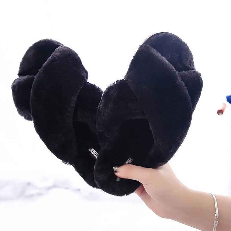 Women's fashion criss cross furry slippers winter warm house shoes solid color