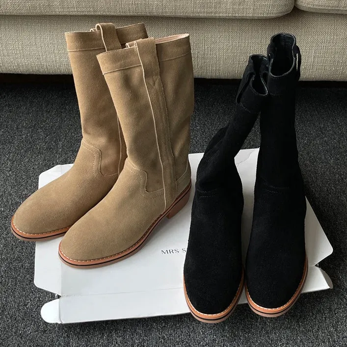 Womens Suede Leather Mid Calf Boots In Black/Khaki