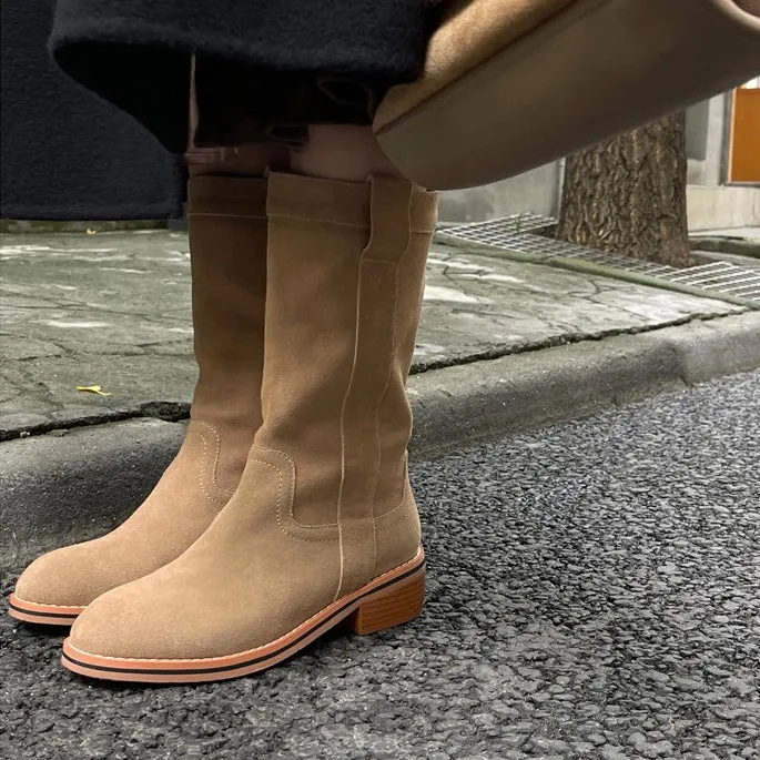 Womens Suede Leather Mid Calf Boots In Black/Khaki