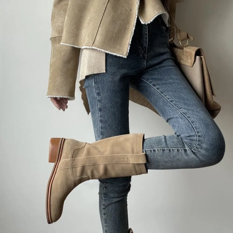 Womens Suede Leather Mid Calf Boots In Black/Khaki