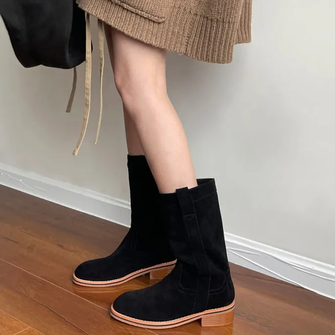 Womens Suede Leather Mid Calf Boots In Black/Khaki
