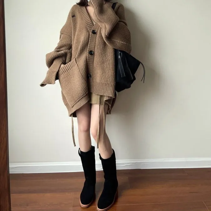 Womens Suede Leather Mid Calf Boots In Black/Khaki