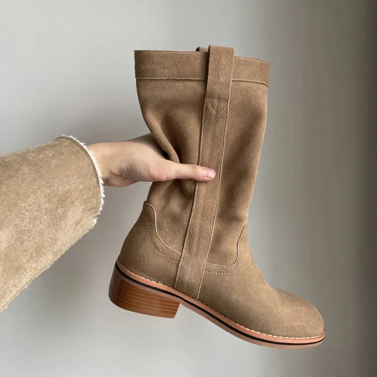 Womens Suede Leather Mid Calf Boots In Black/Khaki
