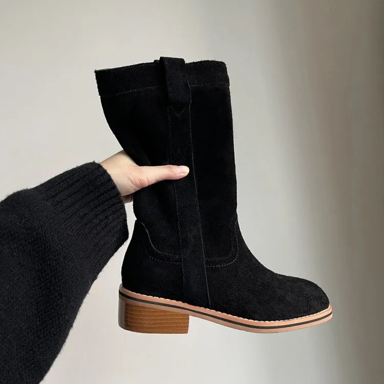 Womens Suede Leather Mid Calf Boots In Black/Khaki
