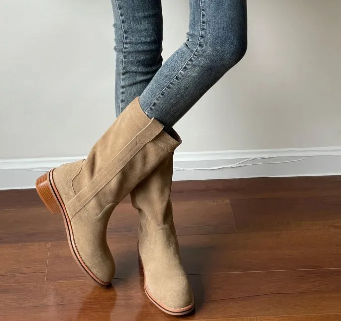 Womens Suede Leather Mid Calf Boots In Black/Khaki