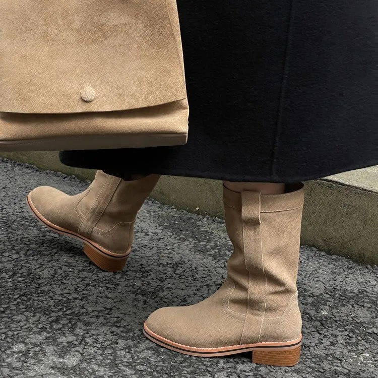 Womens Suede Leather Mid Calf Boots In Black/Khaki