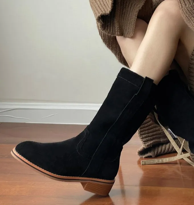 Womens Suede Leather Mid Calf Boots In Black/Khaki