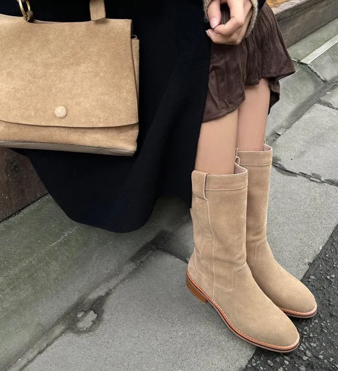 Womens Suede Leather Mid Calf Boots In Black/Khaki