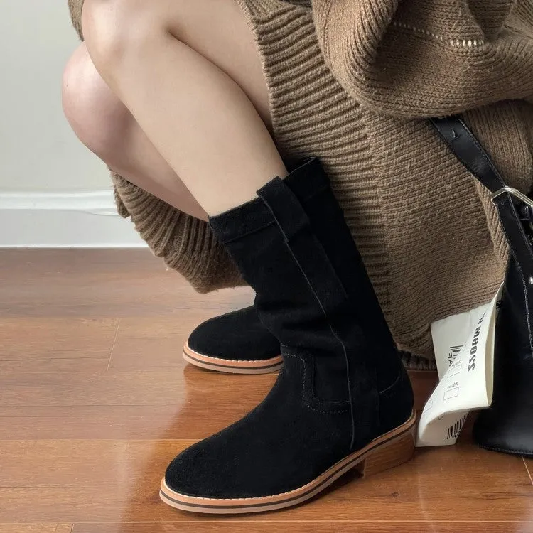 Womens Suede Leather Mid Calf Boots In Black/Khaki