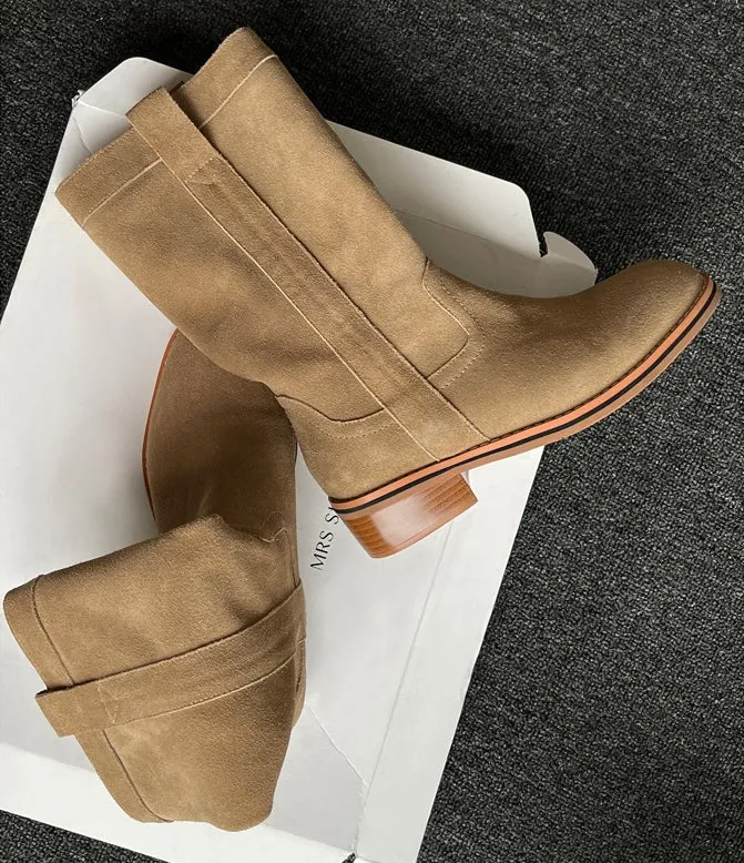 Womens Suede Leather Mid Calf Boots In Black/Khaki