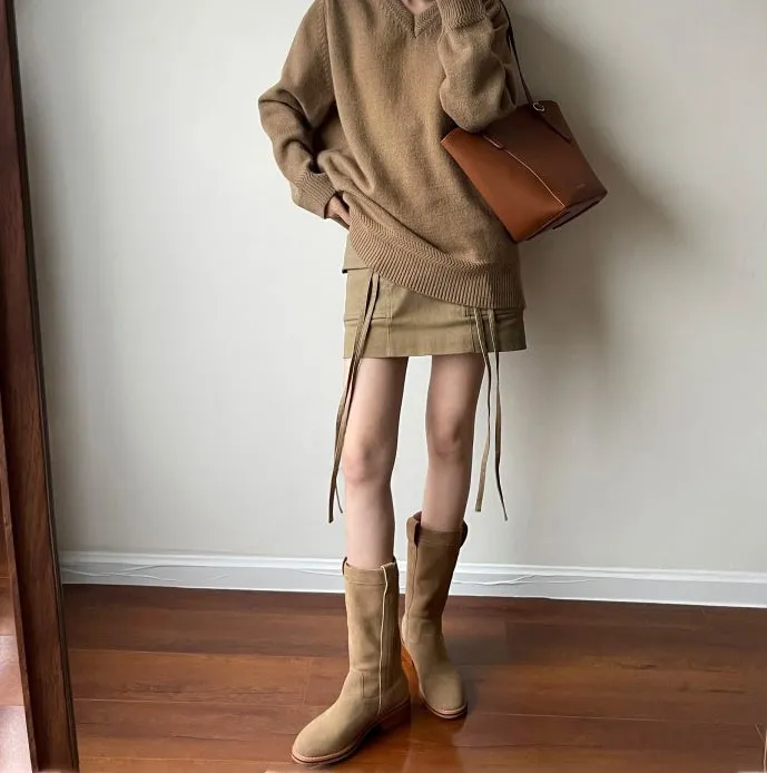 Womens Suede Leather Mid Calf Boots In Black/Khaki